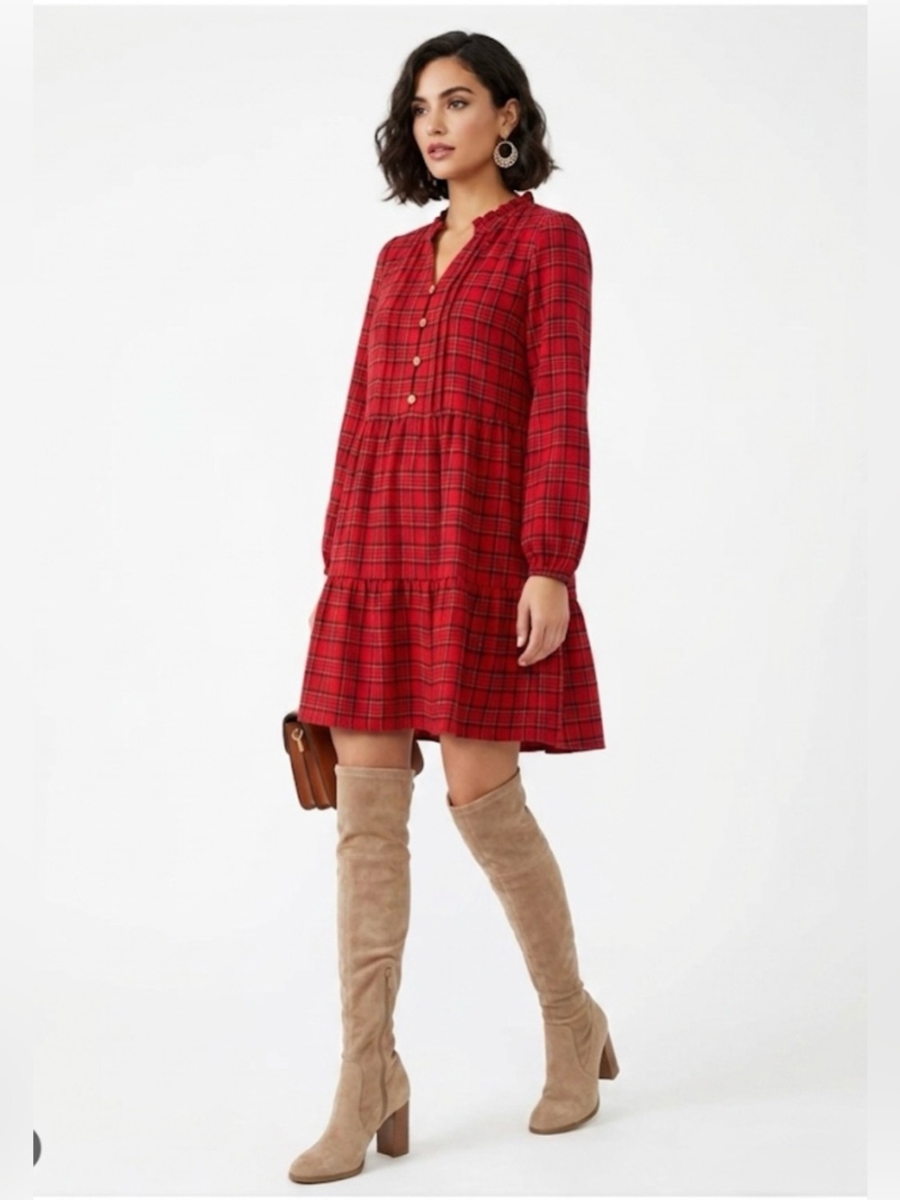 LOFT Outlet Red Plaid Metallic Sparkle Tiered Dress Size S